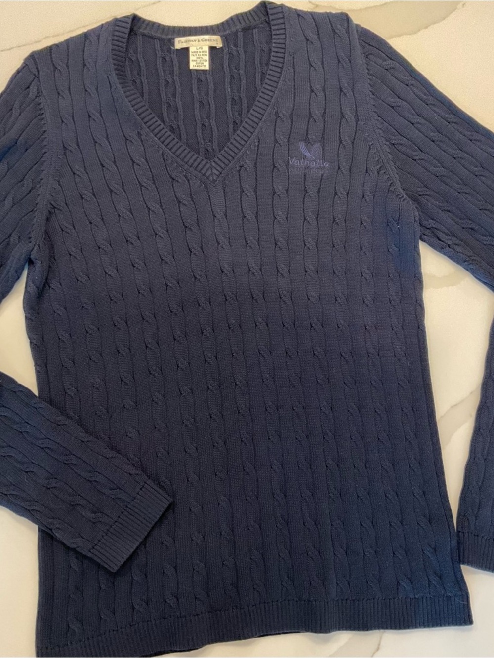 Fairway & Greene Women’s Navy Cable V-Neck Sweater - Picture 2 of 8